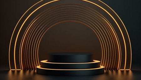 Black podium on black background. Abstract minimal scene. 3d renderの写真素材