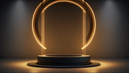 Abstract round podium illuminated with neon lights. Mock up, 3D Renderingの写真素材