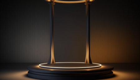 Black and golden pedestal on dark background. 3D rendering.の写真素材