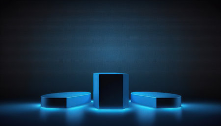 Neon podium for product presentation on blue background. 3D renderingの写真素材