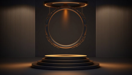 Abstract round podium illuminated by spotlight. Award ceremony concept. 3D Renderingの写真素材