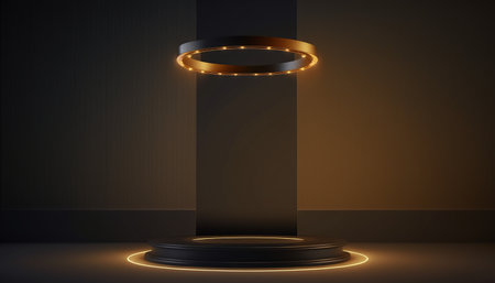 Abstract round podium illuminated by spotlights. Mockup for display of product.の写真素材
