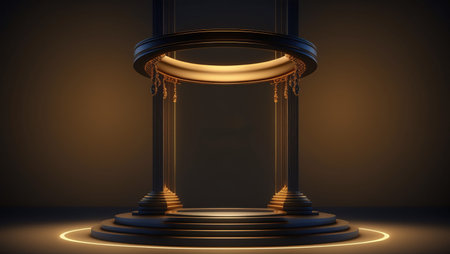 Black podium with gold neon lights, 3d rendering. Computer digital drawing.の写真素材