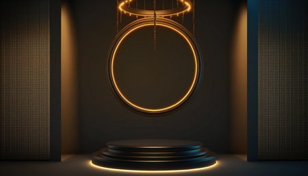 Abstract dark room with round podium and neon lights, 3d renderの写真素材