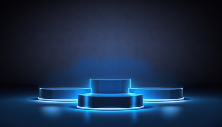 Podium illuminated with blue light. Award ceremony concept. 3D Renderingの写真素材