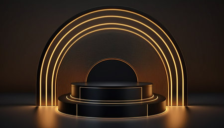3d render, abstract background, black podium with gold neon lightsの写真素材