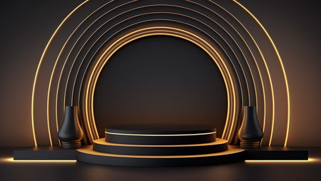 Abstract black background with round podium and golden lights, 3d renderの写真素材