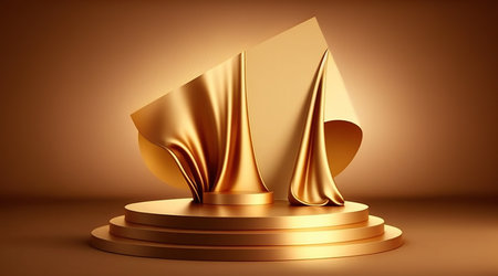 Golden podium with golden cloth. 3d render. Abstract background.の写真素材