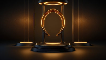3d render, abstract background, podium, pedestal, platform, illuminated lampの写真素材