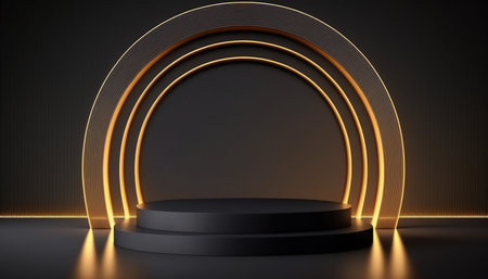 Black podium with golden circles on dark background. Mock up, 3D Renderingの写真素材