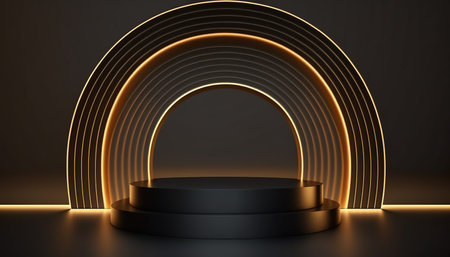 Black podium on dark background. Abstract 3d render scene with round stageの写真素材