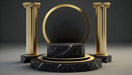 3d render of black marble podium with golden pillars. Luxury pedestal for product presentationの写真素材