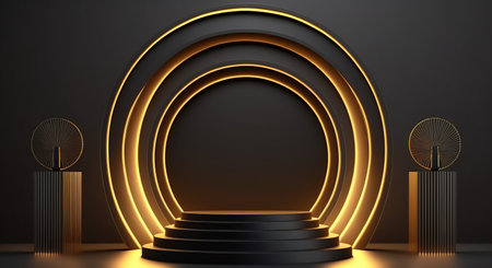 3d render, abstract background, black podium with golden lines, round pedestalの写真素材
