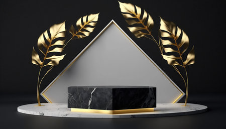 Black marble podium with gold leaf on black background. 3d renderの写真素材