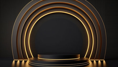 Abstract black background with round podium and golden circles. 3d renderの写真素材