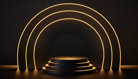 Black podium on dark background with neon lights. 3d rendering.