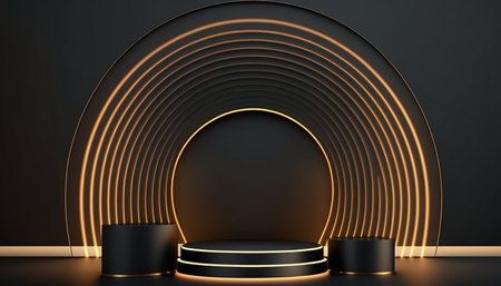 Black round podium in dark room with neon light, 3d renderingの写真素材