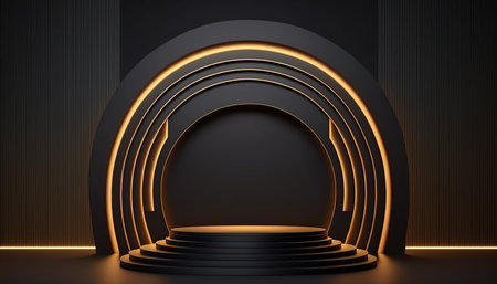 Black round podium illuminated with golden spotlight. Award ceremony concept. 3D Renderingの写真素材
