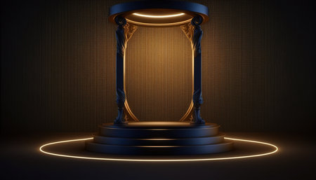 Empty podium illuminated with neon light. 3d render. Abstract background.の写真素材