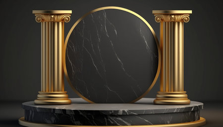 Black marble podium with gold pedestal on black background. 3d renderの写真素材