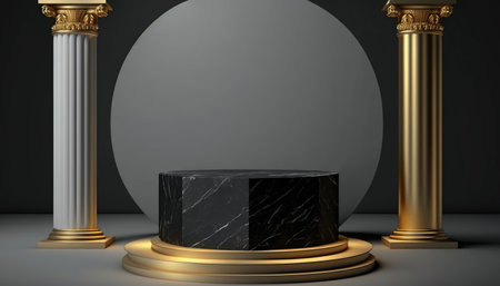 Black marble pedestal on black background. 3d render illustration.の写真素材