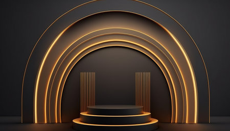 Abstract black background with golden circle and round podium. 3d renderの写真素材