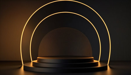 Black round podium on dark background. Mock up, 3D Renderingの写真素材