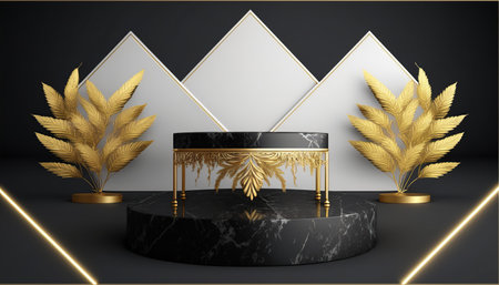 Black marble podium with gold leaves and geometric shapes. 3d renderingの写真素材