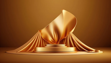 Abstract round podium with gold drapery, realistic vector illustration.の写真素材