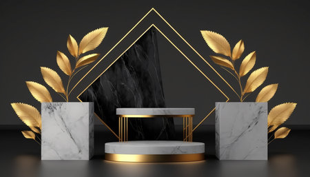 3d render of black marble podium with gold leaves and golden geometric shapes.の写真素材