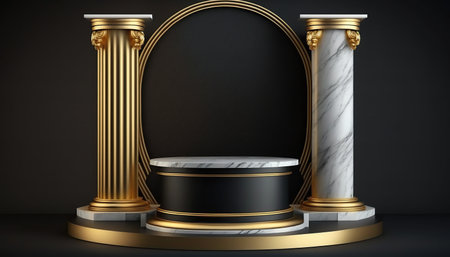 Black and gold podium with marble pedestal on black background. 3D renderingの写真素材