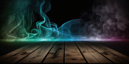 Wooden floor and colorful smoke on a black background. Abstract background.の写真素材
