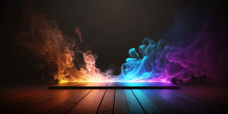Conceptual image of wood floor with colorful smoke against dark backgroundの写真素材