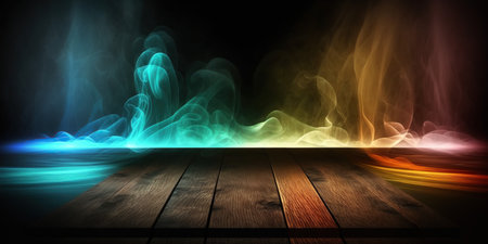 Wooden table with colorful smoke in dark room. Abstract background.の写真素材