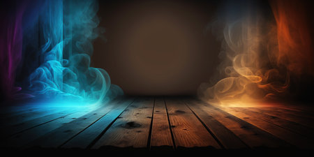 Wooden floor with blue and orange smoke over dark background with copy spaceの写真素材