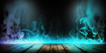 Dramatic blue smoke on a dark background with wooden floor.の写真素材