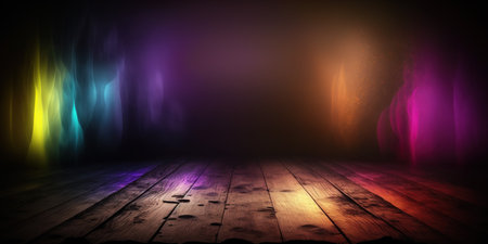Dark room with wooden floor and neon lights, 3d render illustrationの写真素材