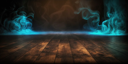 Wooden floor and blue smoke on a dark background. Abstract background.の写真素材