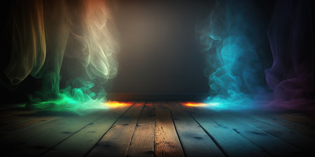 Smoke on wooden floor in dark room with copy space. Abstract backgroundの写真素材