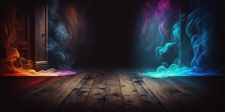 Dark room with wooden floor, door and smoke. 3d renderingの写真素材