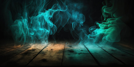 Fog and smoke on a wooden floor. Dark background with smokeの写真素材