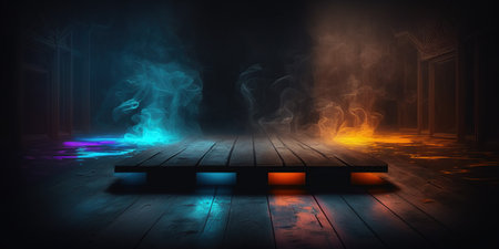 Dark empty room with wooden floor, neon lights and smoke, 3d renderingの写真素材