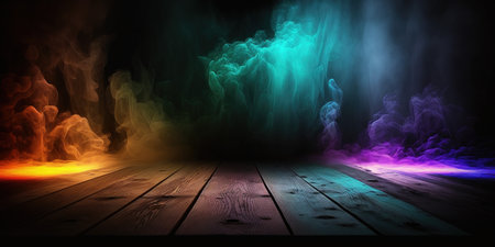 Wooden floor and colorful smoke on black background. 3D renderingの写真素材
