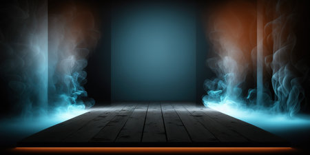Digital composite of Smoke coming out of a dark room with wooden floorの写真素材