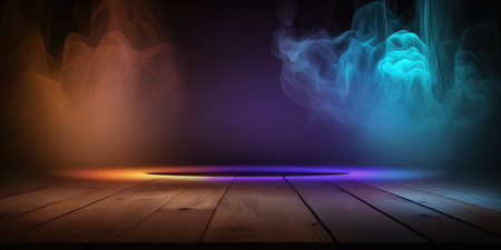 Empty wooden table with smoke on dark background. Mock up, 3D Renderingの写真素材