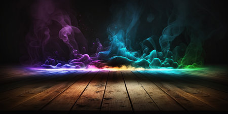 Wooden floor and colorful smoke on a black background. 3d renderingの写真素材