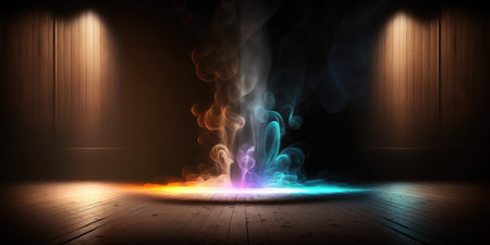 abstract scene with colorful smoke and wooden floor, 3d renderingの写真素材