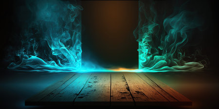 Wooden floor with smoke in dark room. 3D rendering.の写真素材