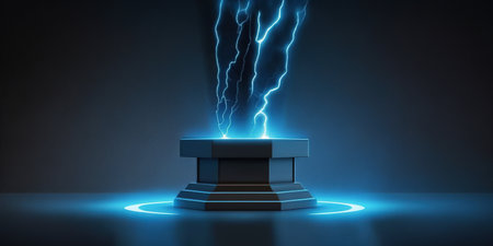 Lightning strikes the podium. 3D rendering. Glowing background.の写真素材