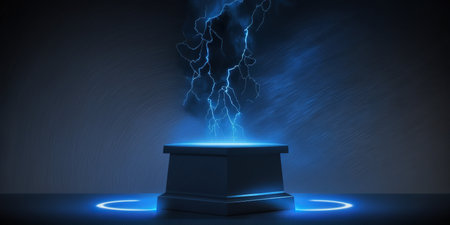 Magic podium and lightning on a dark background. 3D rendering.の写真素材